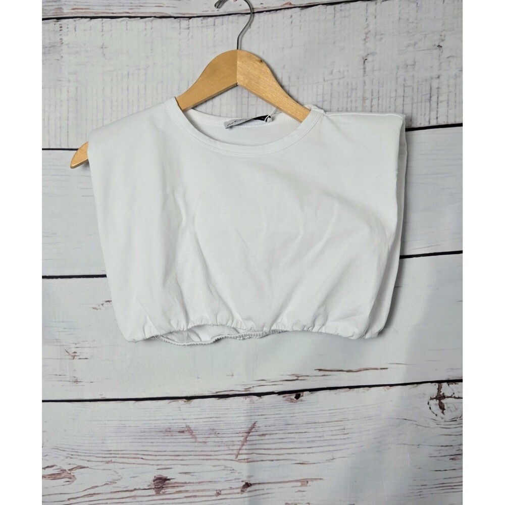 Petal + Pup Womens Top Size 2 White Omri Top Padded Shoulder Cropped Elastic Hem